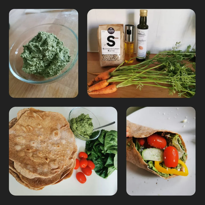 Dinkelvollkorn Tortillas mit Karottengrün-Pesto
